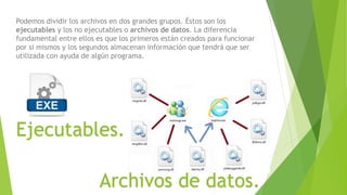 Podemos dividir los archivos en dos grandes grupos. Éstos son los
ejecutables y los no ejecutables o archivos de datos. La diferencia
fundamental entre ellos es que los primeros están creados para funcionar
por si mismos y los segundos almacenan información que tendrá que ser
utilizada con ayuda de algún programa.
Ejecutables.
Archivos de datos.
 