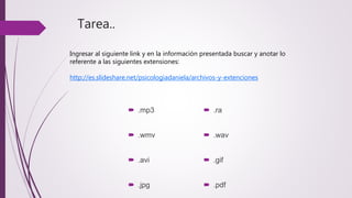 Tarea..
 .mp3
 .wmv
 .avi
 .jpg
 .ra
 .wav
 .gif
 .pdf
Ingresar al siguiente link y en la información presentada buscar y anotar lo
referente a las siguientes extensiones:
http://es.slideshare.net/psicologiadaniela/archivos-y-extenciones
 