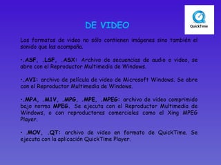 DE VIDEO  Los formatos de video no sólo contienen imágenes sino también el sonido que las acompaña.  .ASF, .LSF, .ASX:  Archivo de secuencias de audio o video, se abre con el Reproductor Multimedia de Windows.  .AVI:  archivo de película de video de Microsoft Windows. Se abre con el Reproductor Multimedia de Windows.  .MPA, .M1V, .MPG, .MPE, .MPEG:  archivo de video comprimido bajo norma  MPEG.  Se ejecuta con el Reproductor Multimedia de Windows, o con reproductores comerciales como el Xing MPEG Player.  . MOV, .QT:  archivo de video en formato de QuickTime. Se ejecuta con la aplicación QuickTime Player.  