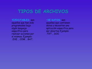 TIPOS DE ARCHIVOS EJECUTABLES:  son aquellos que han sido programados bajo algún lenguaje específico para realizar acciones por sí mismos. Ejemplo:  . EXE , .COM , .BAT. DE DATOS:   son aquellos que contienen datos y necesitan una aplicación especifica para ser abiertos Ejemplo: .TXT , .DOC  