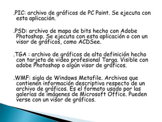 .PIC: archivo de gráficos de PC Paint. Se ejecuta con 
esta aplicación. 
.PSD: archivo de mapa de bits hecho con Adobe 
Photoshop. Se ejecuta con esta aplicación o con un 
visor de gráficos, como ACDSee. 
.TGA : archivo de gráficos de alta definición hecho 
con tarjeta de video profesional Targa. Visible con 
adobe Photoshop o algún visor de gráficos. 
.WMF: sigla de Windows Metafile. Archivos que 
contienen información descriptiva respecto de un 
archivo de gráficos. Es el formato usado por las 
galerías de imágenes de Microsoft Office. Pueden 
verse con un visor de gráficos. 
 