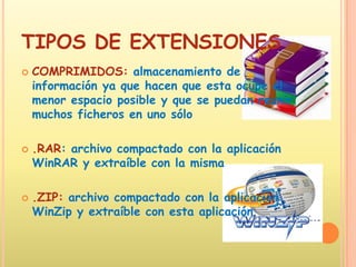 TIPOS DE EXTENSIONESCOMPRIMIDOS: almacenamiento de información ya que hacen que esta ocupe el menor espacio posible y que se puedan reunir muchos ficheros en uno sólo .RAR: archivo compactado con la aplicación WinRAR y extraíble con la misma.ZIP: archivo compactado con la aplicación WinZip y extraíble con esta aplicación.