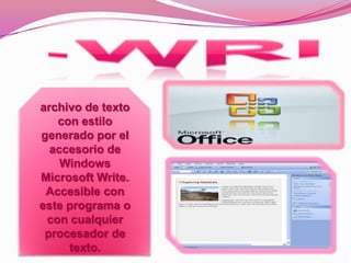 .WRIarchivo de texto con estilo generado por el accesorio de Windows Microsoft Write. Accesible con este programa o con cualquier procesador de texto. 