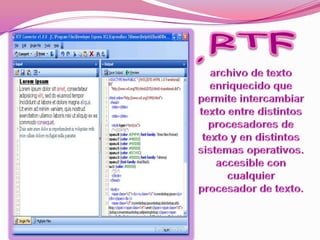.RTFarchivo de texto enriquecido que permite intercambiar texto entre distintos procesadores de texto y en distintos sistemas operativos. accesible con cualquier procesador de texto.