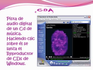 .CDAPista de audio digital de un Cd de música. Haciendo clic sobre él se lanza el Reproductor de CDs de Windows. 