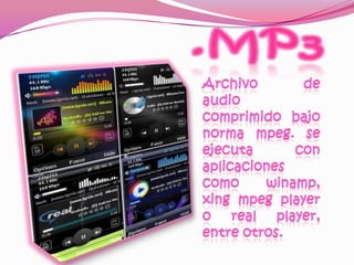 .MP3Archivo de audio comprimido bajo norma mpeg. se ejecuta con aplicaciones como winamp, xingmpegplayer o real player, entre otros. 