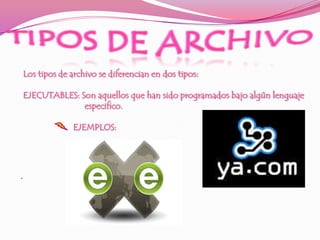 Tipos de archivo Los tipos de archivo se diferencian en dos tipos: EJECUTABLES: Son aquellos que han sido programados bajo algún lenguaje                            especifico.                       EJEMPLOS:.