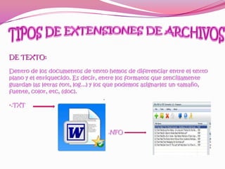 TIPOS DE EXTENSIONES DE ARCHIVOSDE TEXTO:Dentro de los documentos de texto hemos de diferenciar entre el texto plano y el enriquecido. Es decir, entre los formatos que sencillamente guardan las letras (txt, log...) y los que podemos asignarles un tamaño, fuente, color, etc, (doc).                                                         ..TXT                                                           .NFO