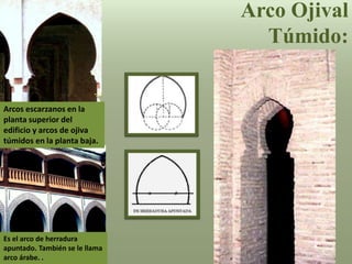 Arco Ojival
Túmido:
Es el arco de herradura
apuntado. También se le llama
arco árabe. .
Arcos escarzanos en la
planta superior del
edificio y arcos de ojiva
túmidos en la planta baja.
 
