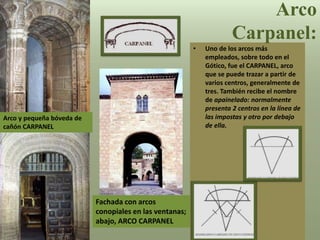 • Uno de los arcos más
empleados, sobre todo en el
Gótico, fue el CARPANEL, arco
que se puede trazar a partir de
varios centros, generalmente de
tres. También recibe el nombre
de apainelado: normalmente
presenta 2 centros en la línea de
las impostas y otro por debajo
de ella.
Arco
Carpanel:
Arco y pequeña bóveda de
cañón CARPANEL
Fachada con arcos
conopiales en las ventanas;
abajo, ARCO CARPANEL
 