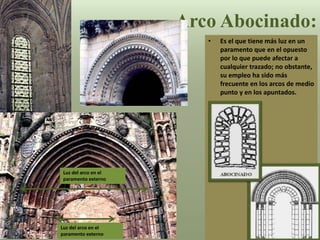 • Es el que tiene más luz en un
paramento que en el opuesto
por lo que puede afectar a
cualquier trazado; no obstante,
su empleo ha sido más
frecuente en los arcos de medio
punto y en los apuntados.
Arco Abocinado:
Luz del arco en el
paramento externo
Luz del arco en el
paramento externo
 