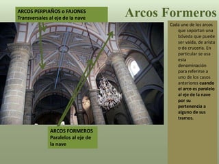 Cada uno de los arcos
que soportan una
bóveda que puede
ser vaída, de arista
o de crucería. En
particular se usa
esta
denominación
para referirse a
uno de los casos
anteriores cuando
el arco es paralelo
al eje de la nave
por su
pertenencia a
alguno de sus
tramos.
Arcos FormerosARCOS PERPIAÑOS o FAJONES
Transversales al eje de la nave
ARCOS FORMEROS
Paralelos al eje de
la nave
 