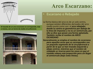 Arco Escarzano:
• Escarzano o Rebajado
La forma básica del arco es de un solo centro,
aunque existen diferentes derivados del arco
medio punto como son: el arco rebajado:
donde su centro es geométrico por debajo de
la línea de impostas y no es un semicírculo, por
ello se dice que posee una forma aplastada.
También recibe el nombre de ARCO
ESCARZANO
Generalmente se emplea el nombre de escarzano
para aquellos arcos que se corresponden con
un pequeño segmento de la circunferencia a
partir de la que se han trazado (izquierda y
abajo centro), mientras que el nombre de
rebajado se reserva para los casos en que el
trazado rebasa esta proporción pero sin llegar
al semicírculo (bajo estas líneas).
El trazado de un arco escarzano se corresponde, más
o menos, con un tercio de media circunferencia
 