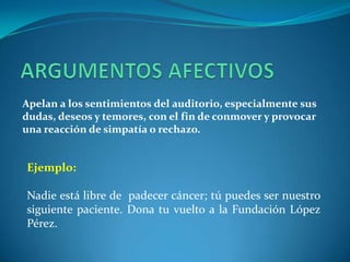 ARGUMENTOS AFECTIVOSApelan a los sentimientos del auditorio, especialmente sus dudas, deseos y temores, con el fin de conmover y provocar una reacción de simpatía o rechazo.Ejemplo:Nadie está libre de  padecer cáncer; tú puedes ser nuestro siguiente paciente. Dona tu vuelto a la Fundación López Pérez.