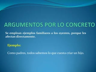 ARGUMENTOS POR LO CONCRETOSe emplean ejemplos familiares a los oyentes, porque les afectan directamente.Ejemplo:Como padres, todos sabemos lo que cuesta criar un hijo.