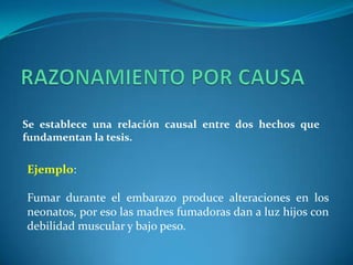 RAZONAMIENTO POR CAUSASe establece una relación causal entre dos hechos que fundamentan la tesis.Ejemplo:Fumar durante el embarazo produce alteraciones en los neonatos, por eso las madres fumadoras dan a luz hijos con debilidad muscular y bajo peso. 
