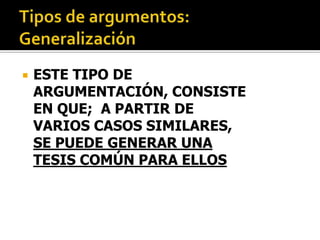    ESTE TIPO DE
    ARGUMENTACIÓN, CONSISTE
    EN QUE; A PARTIR DE
    VARIOS CASOS SIMILARES,
    SE PUEDE GENERAR UNA
    TESIS COMÚN PARA ELLOS
 