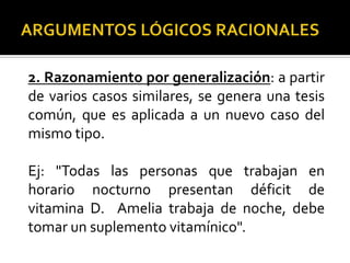 2. Razonamiento por generalización: a partir
de varios casos similares, se genera una tesis
común, que es aplicada a un nuevo caso del
mismo tipo.

Ej: "Todas las personas que trabajan en
horario nocturno presentan déficit de
vitamina D. Amelia trabaja de noche, debe
tomar un suplemento vitamínico".
 