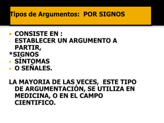  CONSISTE EN :
- ESTABLECER UN ARGUMENTO A
  PARTIR,
*SIGNOS
• SÍNTOMAS
• O SEÑALES.

LA MAYORIA DE LAS VECES, ESTE TIPO
 DE ARGUMENTACIÓN, SE UTILIZA EN
 MEDICINA, O EN EL CAMPO
 CIENTIFICO.
 