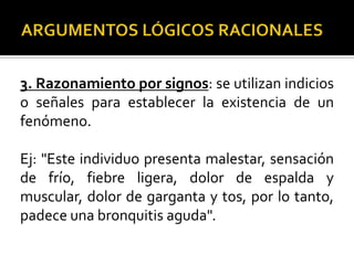 3. Razonamiento por signos: se utilizan indicios
o señales para establecer la existencia de un
fenómeno.

Ej: "Este individuo presenta malestar, sensación
de frío, fiebre ligera, dolor de espalda y
muscular, dolor de garganta y tos, por lo tanto,
padece una bronquitis aguda".
 