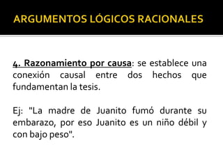 4. Razonamiento por causa: se establece una
conexión causal entre dos hechos que
fundamentan la tesis.

Ej: "La madre de Juanito fumó durante su
embarazo, por eso Juanito es un niño débil y
con bajo peso".
 