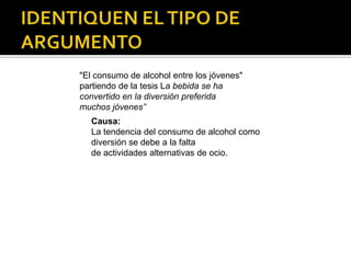 "El consumo de alcohol entre los jóvenes"
partiendo de la tesis La bebida se ha
convertido en la diversión preferida
muchos jóvenes”
  Causa:
  La tendencia del consumo de alcohol como
  diversión se debe a la falta
  de actividades alternativas de ocio.
 