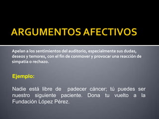 Apelan a los sentimientos del auditorio, especialmente sus dudas,
deseos y temores, con el fin de conmover y provocar una reacción de
simpatía o rechazo.


Ejemplo:

Nadie está libre de padecer cáncer; tú puedes ser
nuestro siguiente paciente. Dona tu vuelto a la
Fundación López Pérez.
 