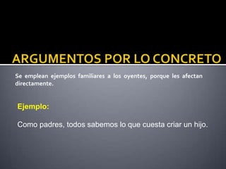 Se emplean ejemplos familiares a los oyentes, porque les afectan
directamente.


Ejemplo:

Como padres, todos sabemos lo que cuesta criar un hijo.
 