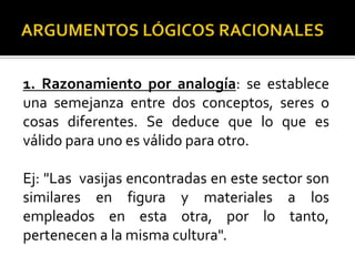 1. Razonamiento por analogía: se establece
una semejanza entre dos conceptos, seres o
cosas diferentes. Se deduce que lo que es
válido para uno es válido para otro.

Ej: "Las vasijas encontradas en este sector son
similares en figura y materiales a los
empleados en esta otra, por lo tanto,
pertenecen a la misma cultura".
 