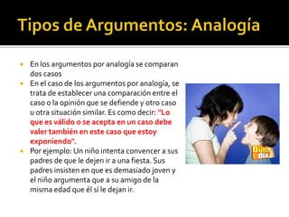    En los argumentos por analogía se comparan
    dos casos
   En el caso de los argumentos por analogía, se
    trata de establecer una comparación entre el
    caso o la opinión que se defiende y otro caso
    u otra situación similar. Es como decir: "Lo
    que es válido o se acepta en un caso debe
    valer también en este caso que estoy
    exponiendo".
   Por ejemplo: Un niño intenta convencer a sus
    padres de que le dejen ir a una fiesta. Sus
    padres insisten en que es demasiado joven y
    el niño argumenta que a su amigo de la
    misma edad que él sí le dejan ir.
 