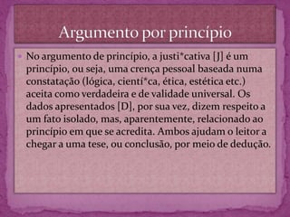  No argumento de princípio, a justi*cativa [J] é um
princípio, ou seja, uma crença pessoal baseada numa
constatação (lógica, cientí*ca, ética, estética etc.)
aceita como verdadeira e de validade universal. Os
dados apresentados [D], por sua vez, dizem respeito a
um fato isolado, mas, aparentemente, relacionado ao
princípio em que se acredita. Ambos ajudam o leitor a
chegar a uma tese, ou conclusão, por meio de dedução.
 