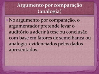  No argumento por comparação, o
argumentador pretende levar o
auditório a aderir à tese ou conclusão
com base em fatores de semelhança ou
analogia evidenciados pelos dados
apresentados.
 