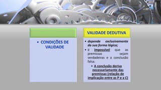 • depende exclusivamente
da sua forma lógica;
• é impossível que as
premissas sejam
verdadeiras e a conclusão
falsa.
• A conclusão deriva
necessariamente das
premissas (relação de
implicação entre as P e a C)
 