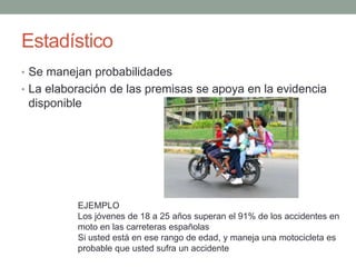 Estadístico
• Se manejan probabilidades
• La elaboración de las premisas se apoya en la evidencia
disponible
EJEMPLO
Los jóvenes de 18 a 25 años superan el 91% de los accidentes en
moto en las carreteras españolas
Si usted está en ese rango de edad, y maneja una motocicleta es
probable que usted sufra un accidente
 