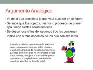 Argumento Analógico
• Va de lo que sucedió a lo que va a suceder en el futuro
• Se sabe que los objetos, hechos o procesos de primer
tipo tienen ciertas características
• Se desconoce si los del segundo tipo las contienen
• Indica uno o mas aspectos de los que son similares
Las ofertas de las operadoras de teléfonos
son irrespetuosas con sus fieles clientes,
¿Qué pensaríamos de nuestro carnicero si,
para las personas que no le compran desde
hace meses, redujera a la mitad del precio
que estamos pagándole en ese instante
nosotros, clientes de toda la vida?
 