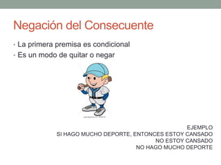 Negación del Consecuente
• La primera premisa es condicional
• Es un modo de quitar o negar
EJEMPLO
SI HAGO MUCHO DEPORTE, ENTONCES ESTOY CANSADO
NO ESTOY CANSADO
NO HAGO MUCHO DEPORTE
 