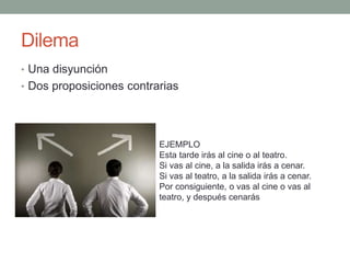 Dilema
• Una disyunción
• Dos proposiciones contrarias
EJEMPLO
Esta tarde irás al cine o al teatro.
Si vas al cine, a la salida irás a cenar.
Si vas al teatro, a la salida irás a cenar.
Por consiguiente, o vas al cine o vas al
teatro, y después cenarás
 