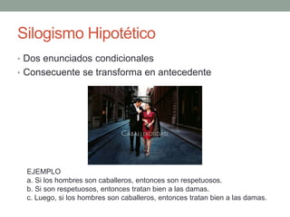 • Dos enunciados condicionales
• Consecuente se transforma en antecedente
Silogismo Hipotético
EJEMPLO
a. Si los hombres son caballeros, entonces son respetuosos.
b. Si son respetuosos, entonces tratan bien a las damas.
c. Luego, si los hombres son caballeros, entonces tratan bien a las damas.
 