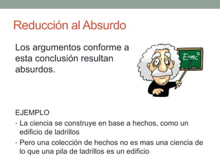 Reducción al Absurdo
EJEMPLO
• La ciencia se construye en base a hechos, como un
edificio de ladrillos
• Pero una colección de hechos no es mas una ciencia de
lo que una pila de ladrillos es un edificio
Los argumentos conforme a
esta conclusión resultan
absurdos.
 