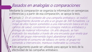 Basados en analogías o comparaciones
Mediante la comparación se organiza la información en semejanzas
y diferencias y a partir de esa comparación, se apoya la tesis.
Ejemplo 2: En el contexto de una campaña antitabaco, se realizó
un seguimiento durante un año a un grupo de 340 fumadores. La
mitad de ellos fueron sometidos a una intervención básica en los
centros de salud, consistente en consejos médicos antitabaco y
entrega de material informativo. Un año después, se han
evaluado los resultados a través de una encuesta que revela que
el 41% del grupo intervenido logró abandonar total o
parcialmente el consumo de tabaco; en tanto, el grupo no
sometido a intervención, mantuvo inalterable su consumo.
Este argumento puede ser utilizado para apoyar la tesis de la
efectividad de las campañas antitabaco.
 