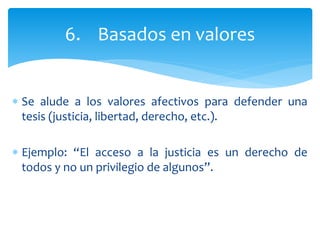  Se alude a los valores afectivos para defender una
tesis (justicia, libertad, derecho, etc.).
 Ejemplo: “El acceso a la justicia es un derecho de
todos y no un privilegio de algunos”.
6. Basados en valores
 