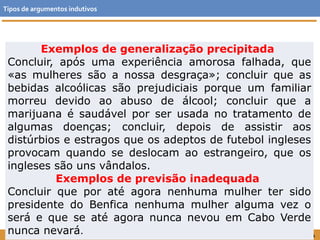 Tipos de argumentos indutivos 
Exemplos de generalização precipitada 
Concluir, após uma experiência amorosa falhada, que 
«as mulheres são a nossa desgraça»; concluir que as 
bebidas alcoólicas são prejudiciais porque um familiar 
morreu devido ao abuso de álcool; concluir que a 
marijuana é saudável por ser usada no tratamento de 
algumas doenças; concluir, depois de assistir aos 
distúrbios e estragos que os adeptos de futebol ingleses 
provocam quando se deslocam ao estrangeiro, que os 
ingleses são uns vândalos. 
FILOSOFIA 11.º ano 
Exemplos de previsão inadequada 
Concluir que por até agora nenhuma mulher ter sido 
presidente do Benfica nenhuma mulher alguma vez o 
será e que se até agora nunca nevou em Cabo Verde 
nunca nevará. 
