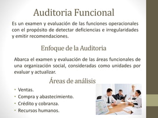 Auditoria Funcional
Es un examen y evaluación de las funciones operacionales
con el propósito de detectar deficiencias e irregularidades
y emitir recomendaciones.
Enfoquede la Auditoria
Abarca el examen y evaluación de las áreas funcionales de
una organización social, consideradas como unidades por
evaluar y actualizar.
Áreas de análisis
• Ventas.
• Compra y abastecimiento.
• Crédito y cobranza.
• Recursos humanos.
 