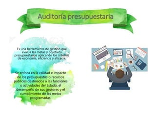 Es una herramienta de gestión que
evalúa las metas y objetivos
presupuestarios aplicando los criterios
de economía, eficiencia y eficacia.
Se enfoca en la calidad e impacto
de los presupuestos o recursos
públicos destinados a las funciones
o actividades del Estado, el
desempeño de sus gestores y el
cumplimiento de las metas
programadas.
 