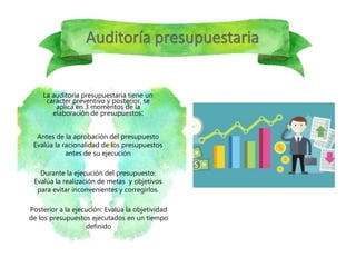 La auditoria presupuestaria tiene un
carácter preventivo y posterior, se
aplica en 3 momentos de la
elaboración de presupuestos:
Antes de la aprobación del presupuesto
Evalúa la racionalidad de los presupuestos
antes de su ejecución
Durante la ejecución del presupuesto:
Evalúa la realización de metas y objetivos
para evitar inconvenientes y corregirlos.
Posterior a la ejecución: Evalúa la objetividad
de los presupuestos ejecutados en un tiempo
definido
 
