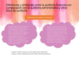 Diferencias y similitudes entre la auditoría financiera en
comparación con la auditoría administrativa y otros
tipos de auditoría
• Para Estupiñán (2012), la auditoría
financiera, también conocida
como auditoría contable, se trata
de un método por el que se
examina y analiza la información
que una empresa tiene reflejada
en los estados de sus cuentas.
Dicha auditoría podrá ser
realizada por un auditor interno o
externo a la empresa, pero un
auditor del sector privado, no del
público como pasa por ejemplo
en la auditoría fiscal.
• También, según Sánchez (2006),
plantea que la auditoría financiera
consiste en el examen, evaluación
de los documentos, operaciones,
registros y estados financieros de
la entidad, para determinar si ellos
reflejan razonablemente su
situación financiera, así como, los
resultados de sus operaciones,
además del cumplimiento de las
disposiciones económico-
financiero y el control interno.
Definiciones de Auditoría Financiera
• Estupiñán, R. (2006). Control Interno y Fraudes. Madrid. España: Editorial ECOE.
• Sánchez, F. (2006). Contabilidad Financiera para PYMES. Colombia: Editorial TRILLAS.
 
