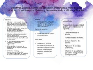 Objetivos, alcance, campo de aplicación, importancia, metodología,
normas, procedimientos, técnicas y herramientas de auditoria aplicables.
Objetivos
• 1. Evaluar e informar a la Gerencia
sobre las normas que se aplican
realmente en la organización en
todos los procesos de información.
• 2. Evaluar e informar si se cumplen
en la práctica las pautas
establecidas por la Gerencia,
relativas al control interno.
• 3. Evaluar si las pautas de control
interno satisfacen los
requerimientos de la organización
teniendo en cuenta el tamaño y sus
características.
• 4. Brindar asesoramiento a la
Gerencia y al resto de la
organización.
• 5. Comprobar y promover la
eficiencia de los distintos procesos
operativos.
• 6. Informar precisa y
oportunamente los desvíos
producidos y aconsejar las medidas
de acción correctivas necesarias.
Alcance
• Tener un alcance adecuado
no significa que la auditoría
debe ser simple y estándar si
no debe ser de acuerdo a
cada organización.
Campo de aplicación
• Puede abarcar en el ámbito
público y privado.
Importancia
• Una auditoría ayudar a
encontrar los errores que se
sitúan en la empresa y tomar
medidas correctivas para
enmendar el rumbo de la
empresa.
Metodología
Para casi todo tipo de entidad
(publica, privada) debe ser la
siguiente:
• Conocimiento de la
entidad,
• Planeación de la auditoría,
• Evaluar el sistema de
control,
• Aplicación de pruebas
(exámenes),
• Informes de la auditoría y
por último el seguimiento
correspondiente.
 