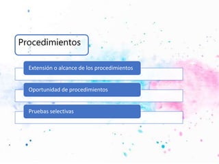 Procedimientos
Extensión o alcance de los procedimientos
Oportunidad de procedimientos
Pruebas selectivas
 