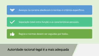 Autoridade racional-legal é a mais adequada
Avanços na carreira obedecem à normas e critérios específicos.
Separação total entre função e as características pessoais.
Regras e normas devem ser seguidas por todos.
 