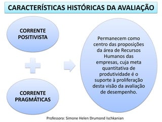 CARACTERÍSTICAS HISTÓRICAS DA AVALIAÇÃO
Professora: Simone Helen Drumond Ischkanian
CORRENTE
POSITIVISTA
CORRENTE
PRAGMÁTICAS
Permanecem como
centro das proposições
da área de Recursos
Humanos das
empresas, cuja meta
quantitativa de
produtividade é o
suporte à proliferação
desta visão da avaliação
de desempenho.
 